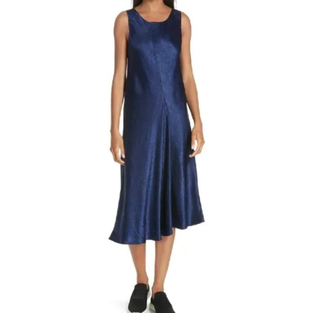 Vince Asymmetrical Crinkled Satin Midi in Ink Blue Bias Cut Dress XS $295